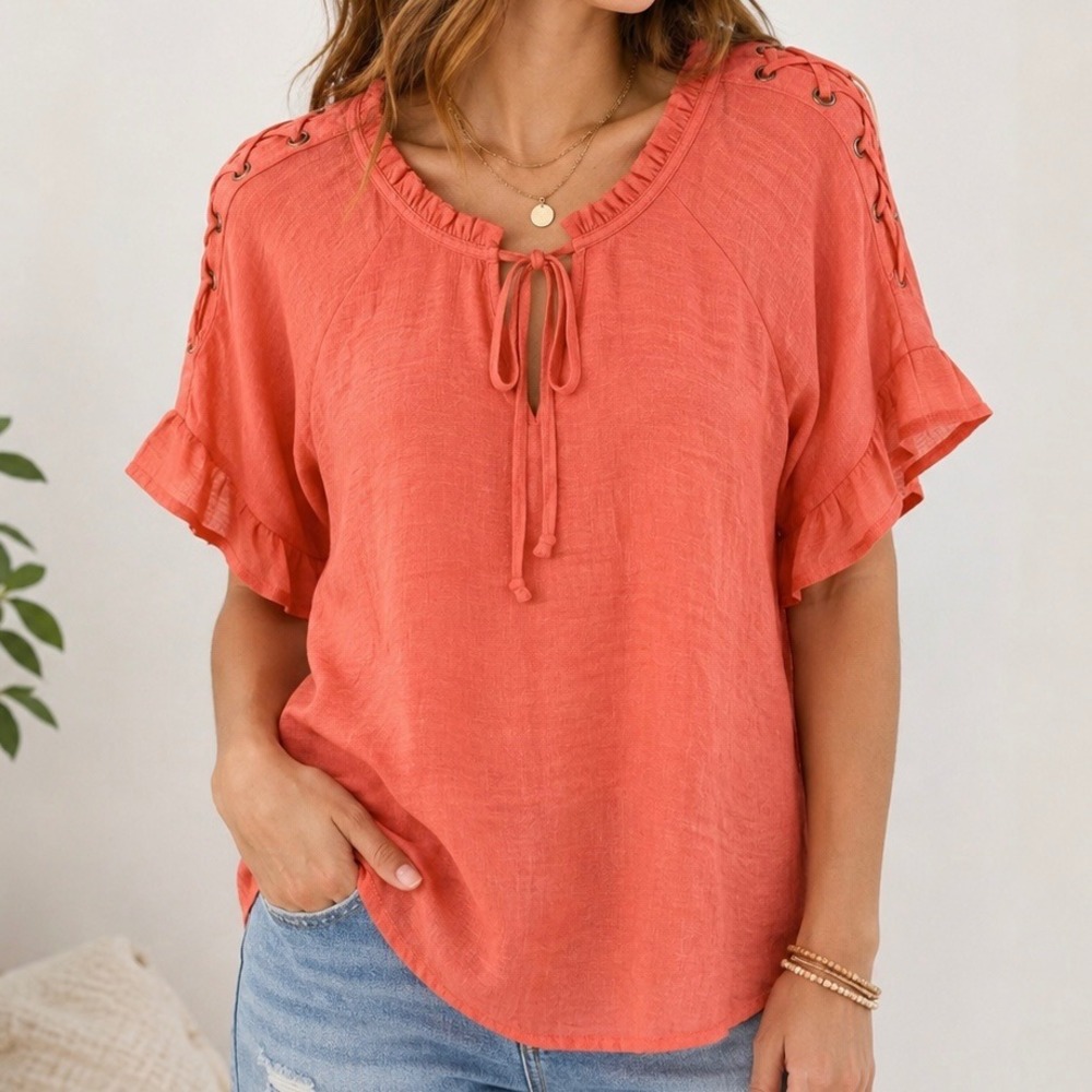 Late August Coral Peasant Blouse Lace Up Shoulder Ruffle Sleeve L Boho Festival